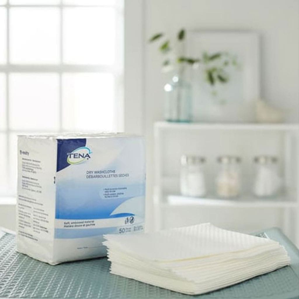 TENA Dry Washcloths, Disposable, White, 13" x 13-1/4" Inch, 1 Case of 16